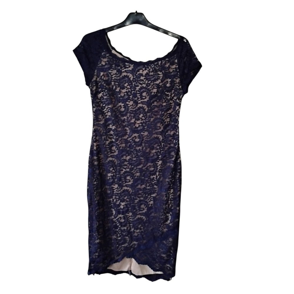 Bisou Bisou Michele Bohbot Navy Blue Floral Lace Sheath Dress Tulip Hem Size 10